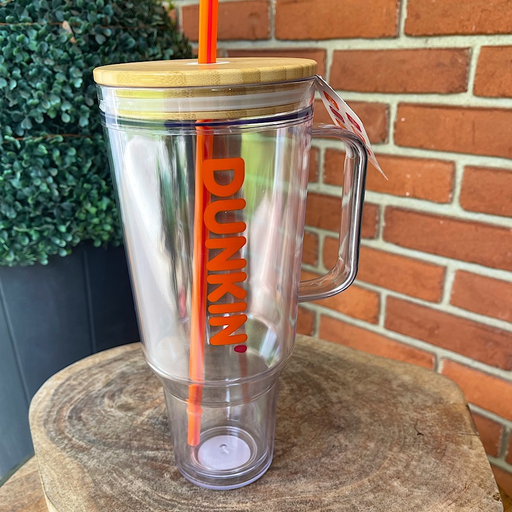 New DUNKIN Limited Huge Double WALL BAMBOO LID TUMBLER (40 Oz.) Clear Acrylic